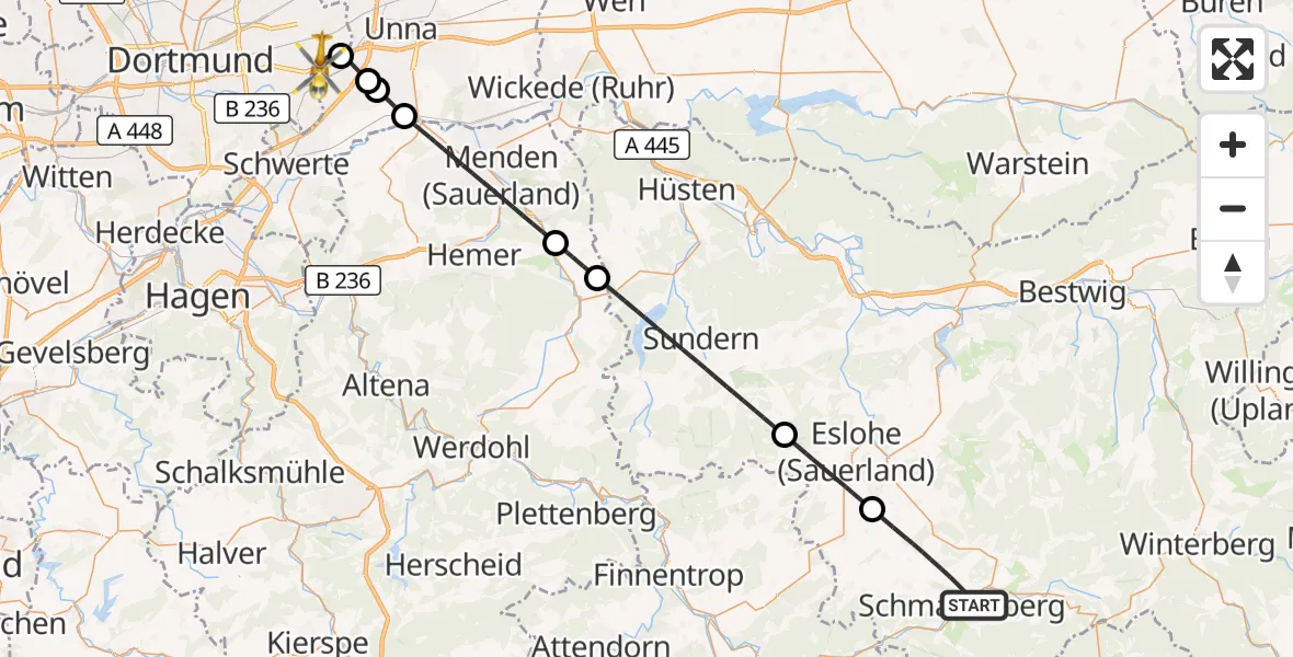 Flugroute Rettungshubschrauber Schmallenberg - Dortmund Flughafen, 14 August 2026, 09:25