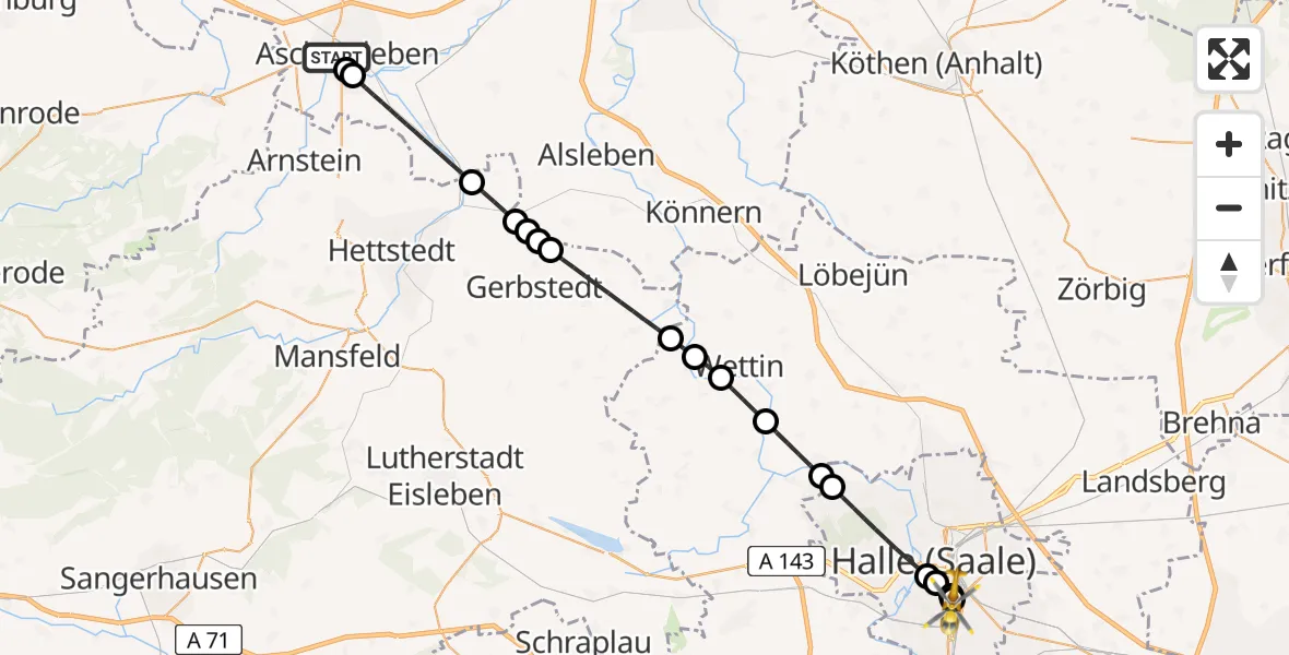 Flugroute Rettungshubschrauber Aschersleben - BG Hospital Bergmannstrost Halle, 14 August 2026, 09:26