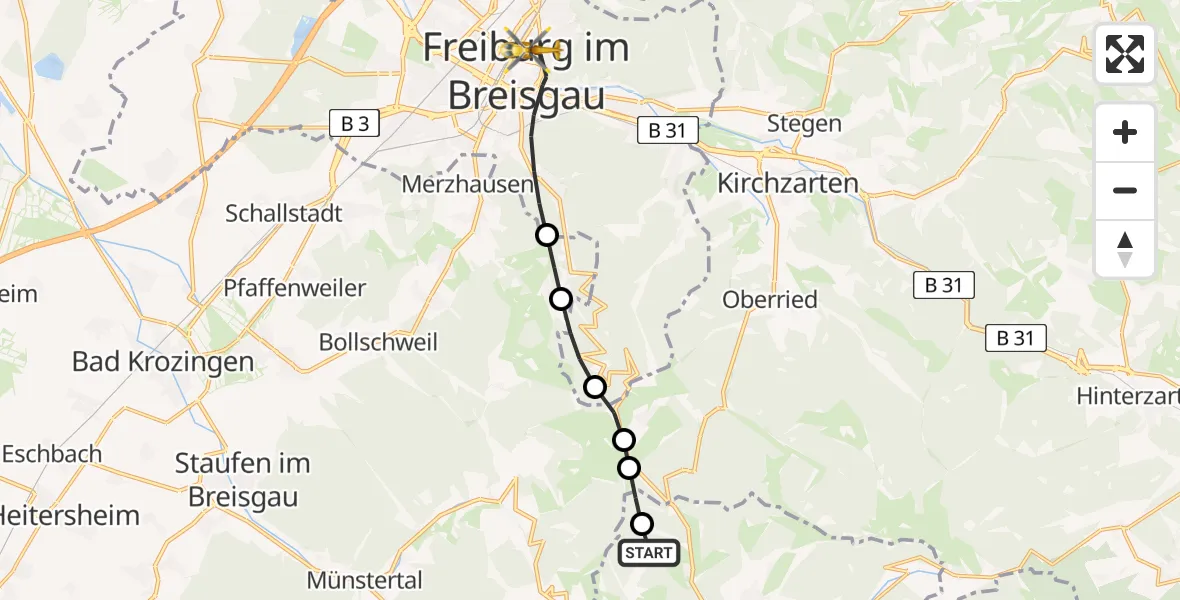 Flugroute Ambulanzhubschrauber Wieden - Freiburg im Breisgau, 14 August 2026, 09:35