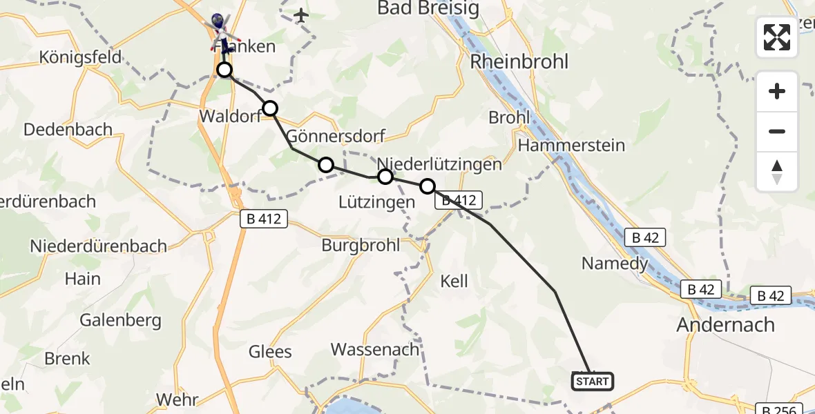 Flugroute Polizeihubschrauber Andernach - Sinzig, 14 August 2026, 09:37