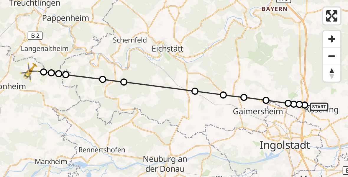 Flugroute Rettungshubschrauber Kösching - Monheim, 14 August 2026, 09:45
