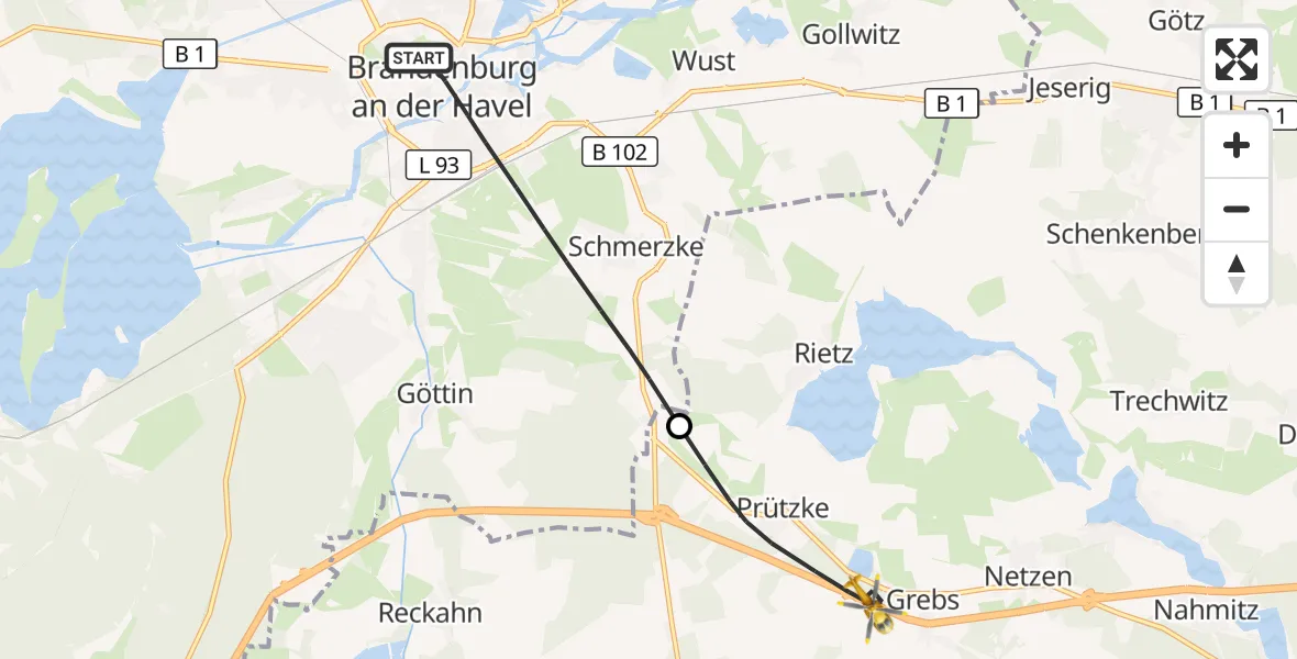 Flugroute Rettungshubschrauber Brandenburg an der Havel - Kloster Lehnin, 14 August 2026, 09:45