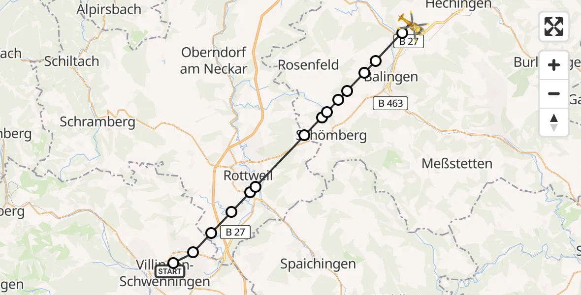 Flugroute Ambulanzhubschrauber DRF Air Rescue Station Villingen-Schwenningen Hubschrauberlandeplatz (Christoph 11) - Grosselfingen, 14 August 2026, 09:47