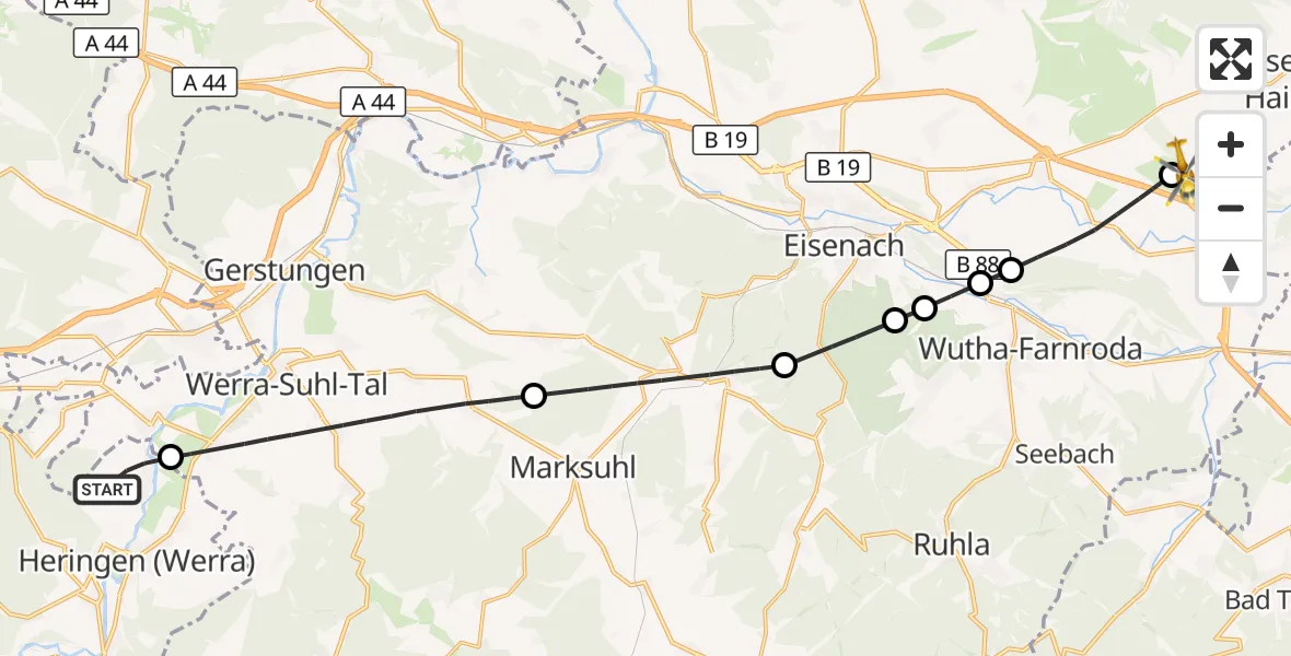 Flugroute Rettungshubschrauber Heringen (Werra) - Eisenach-Kindel Flughafen, 14 August 2026, 09:49