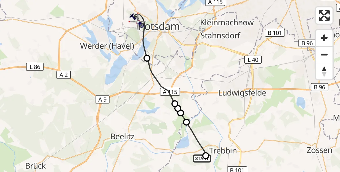 Flugroute Polizeihubschrauber Schönhagen Flugplatz - Potsdam, 14 August 2026, 09:51