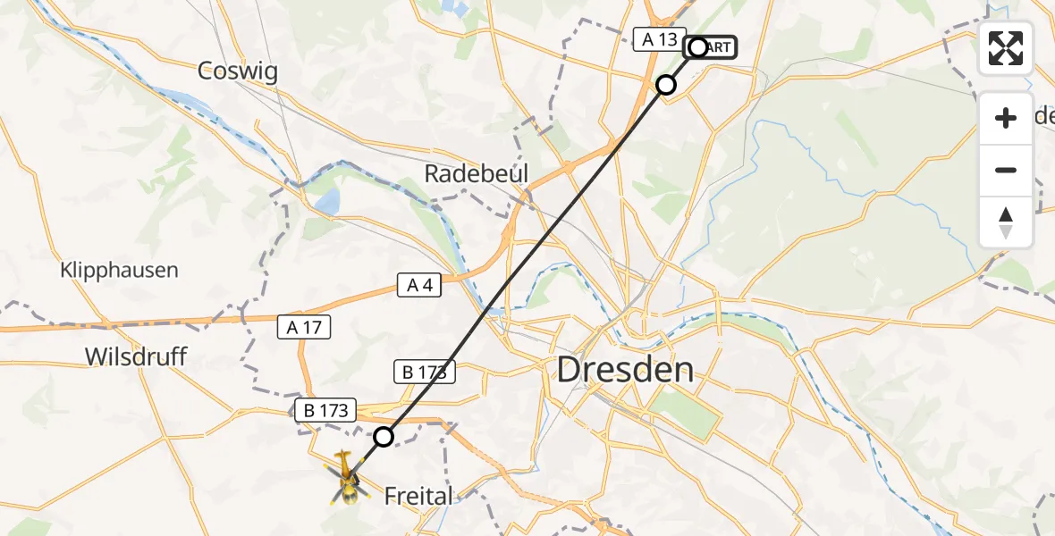 Flugroute Rettungshubschrauber Dresden Bundespolizei Hubschrauberlandeplatz - Freital, 14 August 2026, 09:52