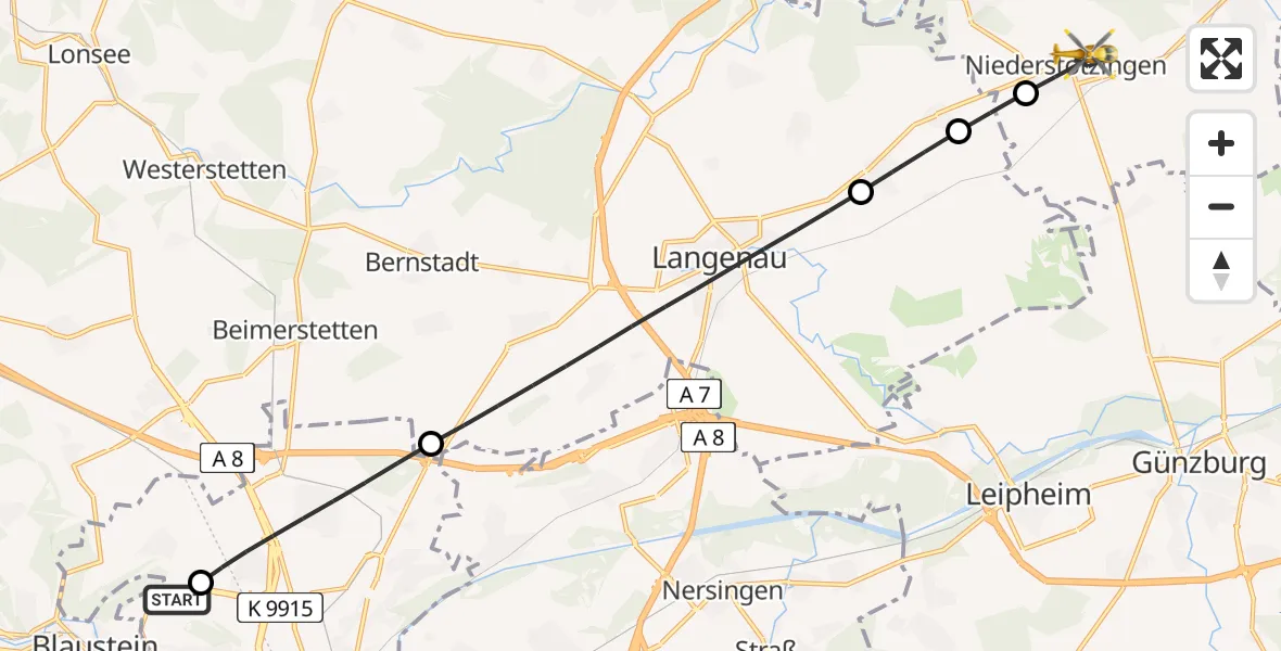 Flugroute Rettungshubschrauber Ulm Military Hospital Emergency - Niederstotzingen, 14 August 2026, 09:52