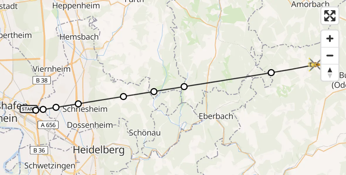 Flugroute Rettungshubschrauber Mannheim-City Flughafen - Mudau, 14 August 2026, 09:56