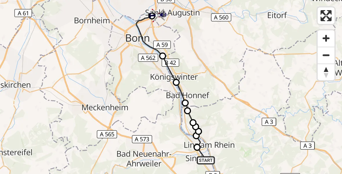 Flugroute Polizeihubschrauber Sinzig - Sankt Augustin, 14 August 2026, 09:57