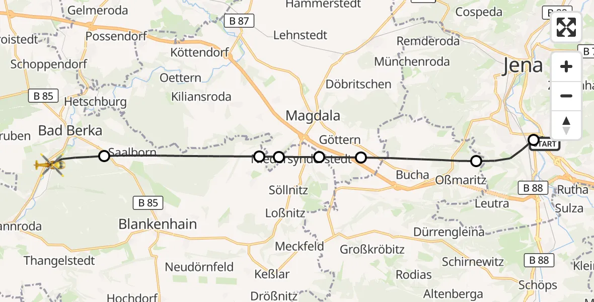 Flugroute Ambulanzhubschrauber Lobeda Hubschrauberlandeplatz - Bad Berka, 14 August 2026, 10:03