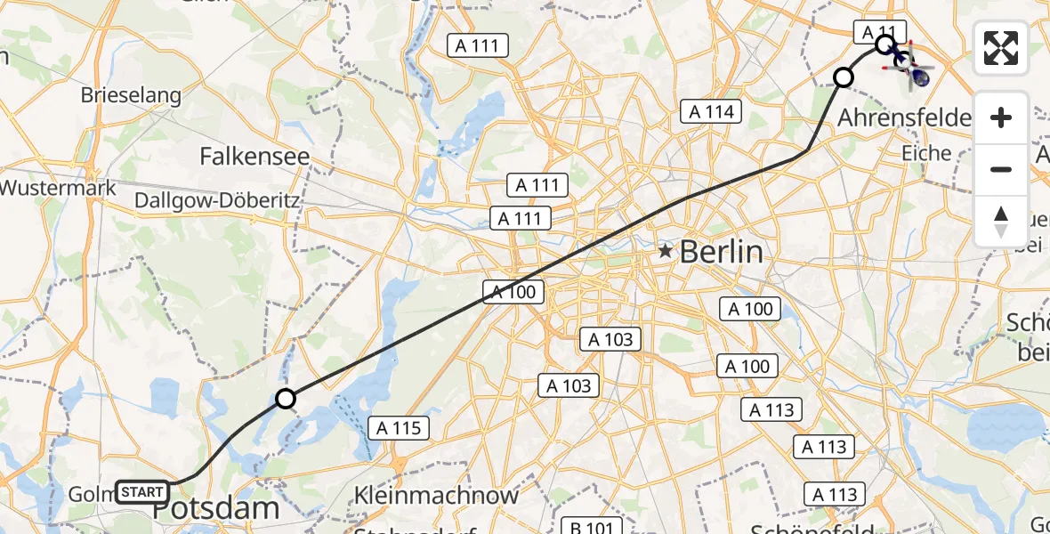 Flugroute Polizeihubschrauber Potsdam - Ahrensfelde Hubschrauberlandeplatz, 14 August 2026, 10:07