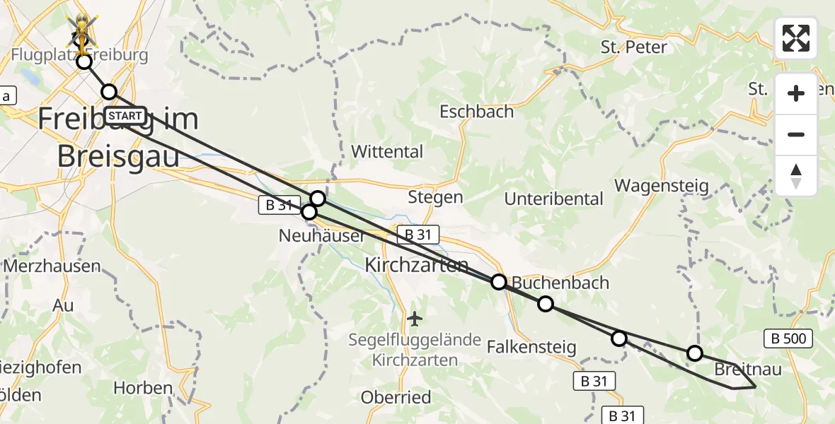 Flugroute Ambulanzhubschrauber Freiburg im Breisgau - Freiburg im Breisgau Flugplatz, 14 August 2026, 10:09
