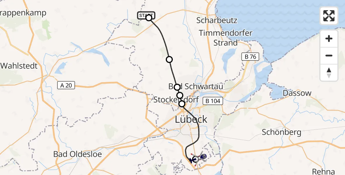 Flugroute Polizeihubschrauber Christoph 12 Luftrettungszentrum - Lübeck Blankensee Flughafen, 14 August 2026, 10:13