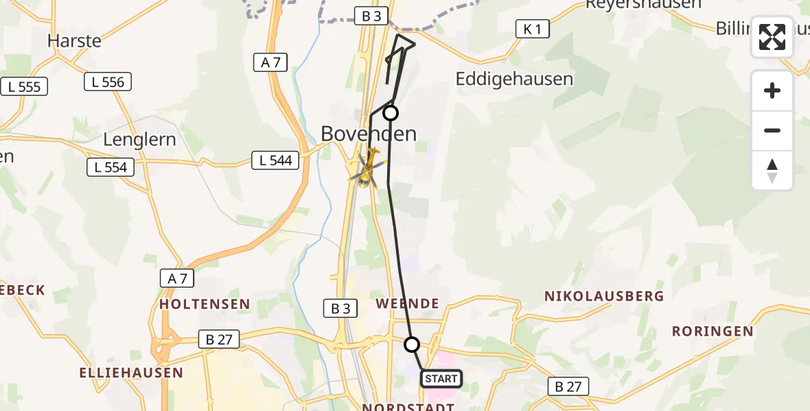 Flugroute Rettungshubschrauber Göttingen University Clinic Hubschrauberlandeplatz - Bovenden, 14 August 2026, 10:16