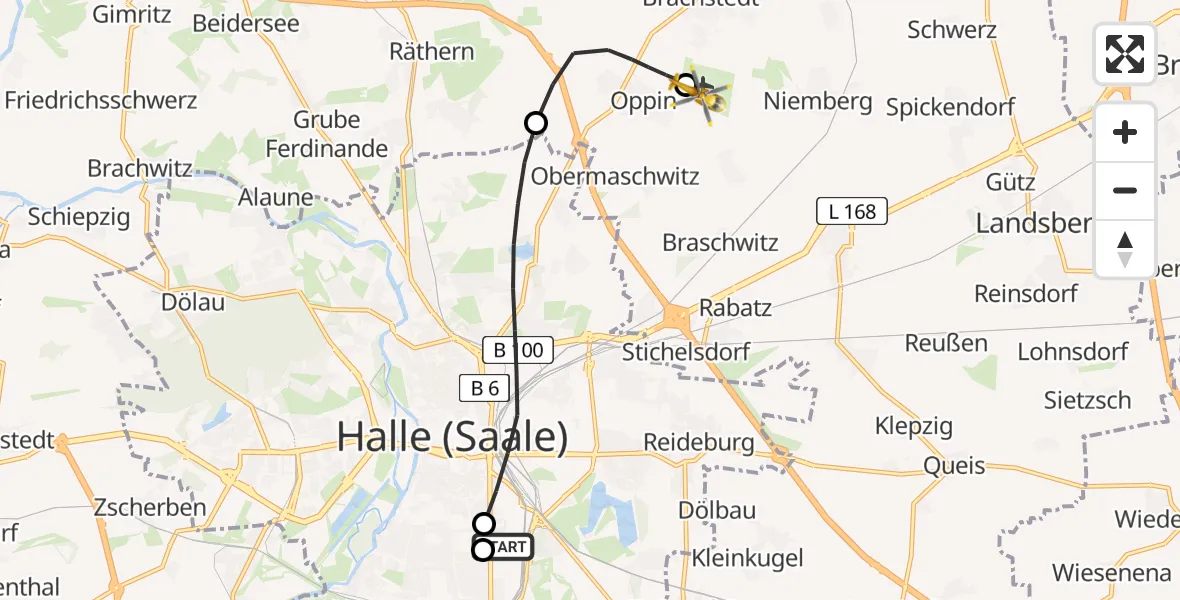 Flugroute Rettungshubschrauber BG Hospital Bergmannstrost Halle - Halle-Oppin Flugplatz, 14 August 2026, 10:17