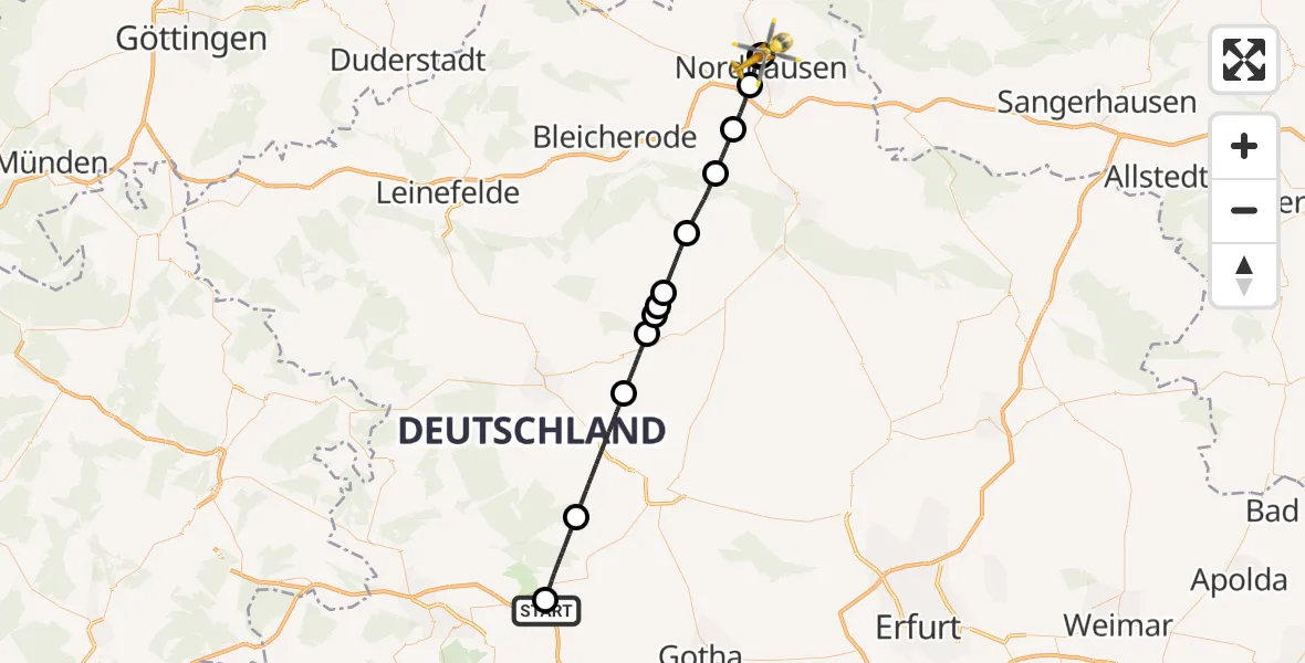 Flugroute Rettungshubschrauber Eisenach-Kindel Flughafen - Südharz Hospital Nordhausen, 14 August 2026, 10:17