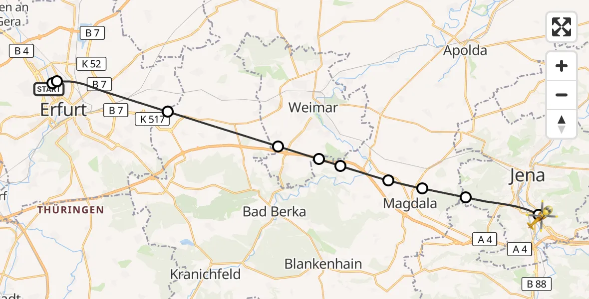 Flugroute Rettungshubschrauber Helios Clinic Erfurt - Lobeda Hubschrauberlandeplatz, 14 August 2026, 10:22