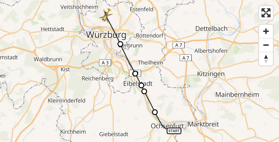 Flugroute Rettungshubschrauber Ochsenfurt - Würzburg, 14 August 2026, 10:24