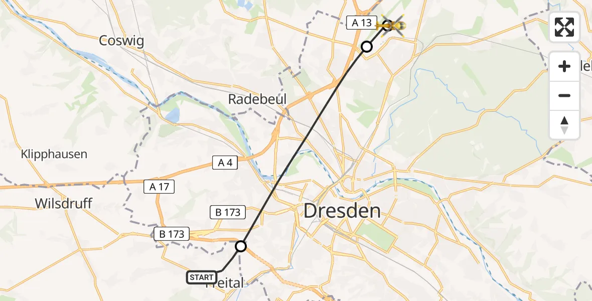Flugroute Rettungshubschrauber Freital - Dresden Bundespolizei Hubschrauberlandeplatz, 14 August 2026, 10:24
