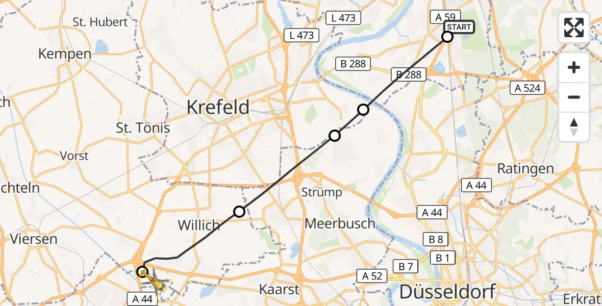 Flugroute Rettungshubschrauber Duisburg Air Rescue Hubschrauberlandeplatz (Christoph 9) - Mönchengladbach Flughafen, 14 August 2026, 10:24