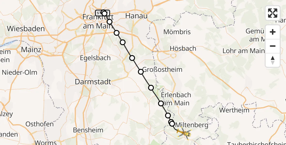 Flugroute Rettungshubschrauber Frankfurt am Main Accident Hospital Roof Helipad (CHX2) - Weilbach, 14 August 2026, 10:36