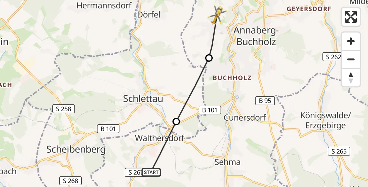 Flugroute Rettungshubschrauber Crottendorf - Annaberg-Buchholz, 14 August 2026, 10:36