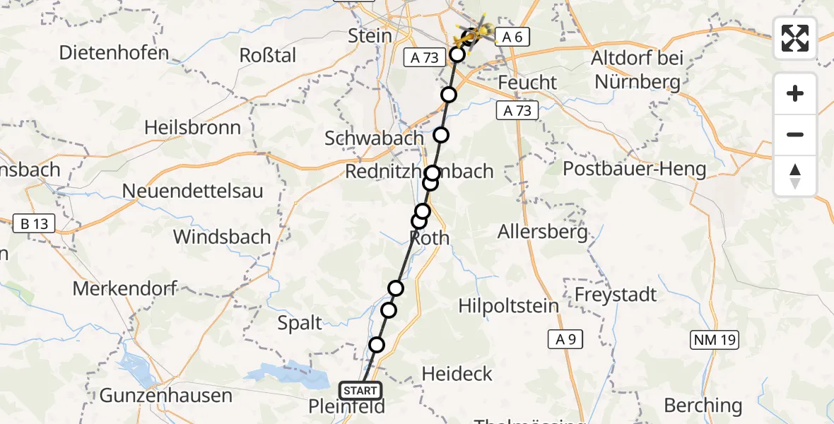 Flugroute Ambulanzhubschrauber Pleinfeld - Nürnberg South Hospital, 14 August 2026, 10:40