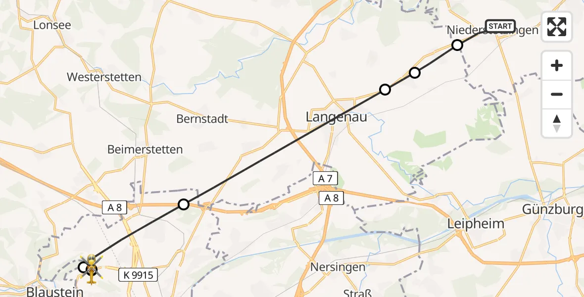 Flugroute Rettungshubschrauber Niederstotzingen - ADAC Air Rescue Station Ulm (Christoph 22), 14 August 2026, 10:40