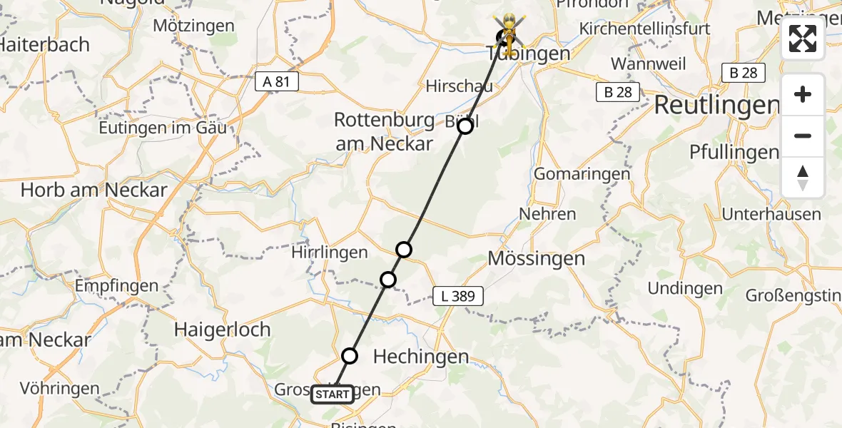 Flugroute Ambulanzhubschrauber Grosselfingen - Tübingen University Hospital, 14 August 2026, 10:41