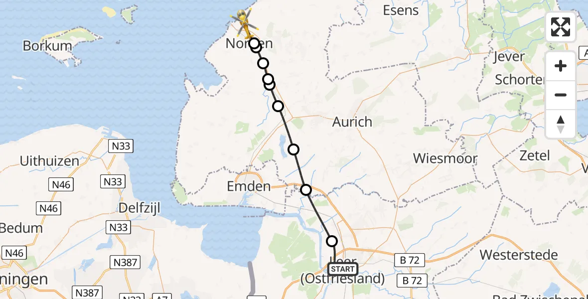 Flugroute Ambulanzhubschrauber Leer (Ostfriesland) - Norden, 14 August 2026, 10:46