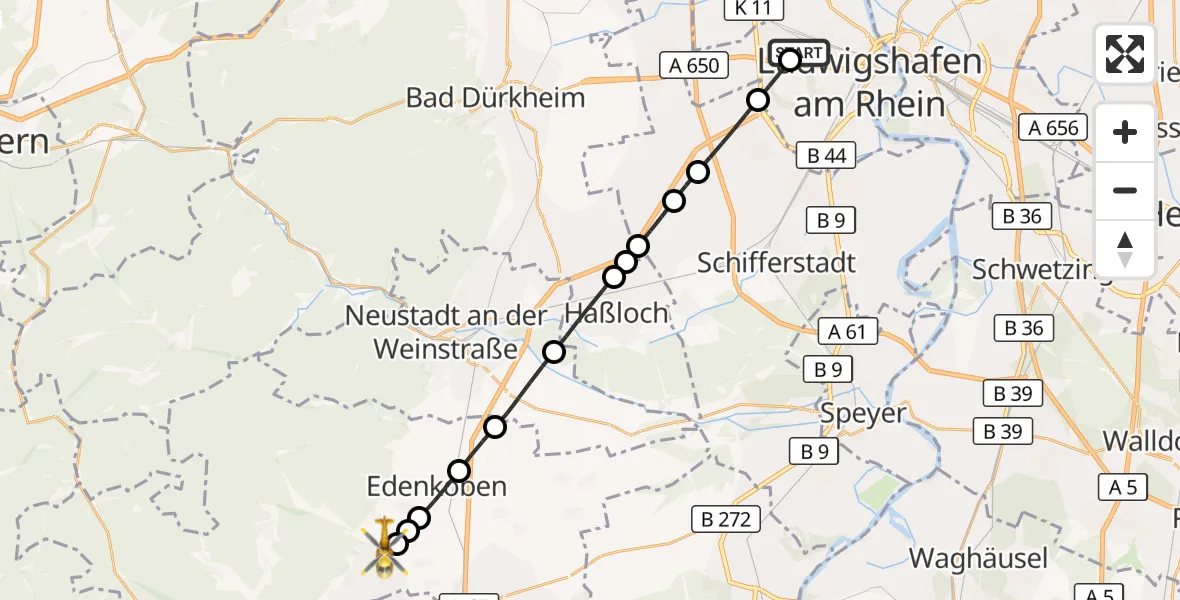 Flugroute Rettungshubschrauber Ludwigshafen Accident Hospital - Hainfeld, 14 August 2026, 10:47