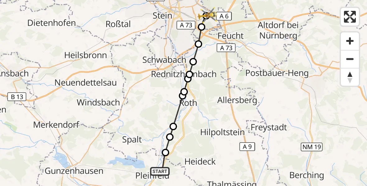 Flugroute Rettungshubschrauber Pleinfeld - Nürnberg South Hospital, 14 August 2026, 10:49