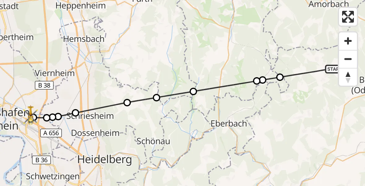 Flugroute Rettungshubschrauber Mudau - Mannheim-City Flughafen, 14 August 2026, 10:50