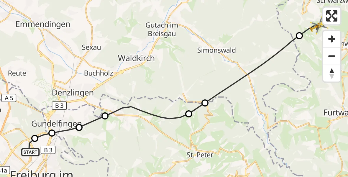 Flugroute Ambulanzhubschrauber Freiburg im Breisgau Flugplatz - Schönwald im Schwarzwald, 14 August 2026, 10:58