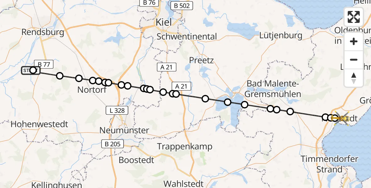 Flugroute Ambulanzhubschrauber Hörsten - Neustadt in Holstein, 14 August 2026, 10:59