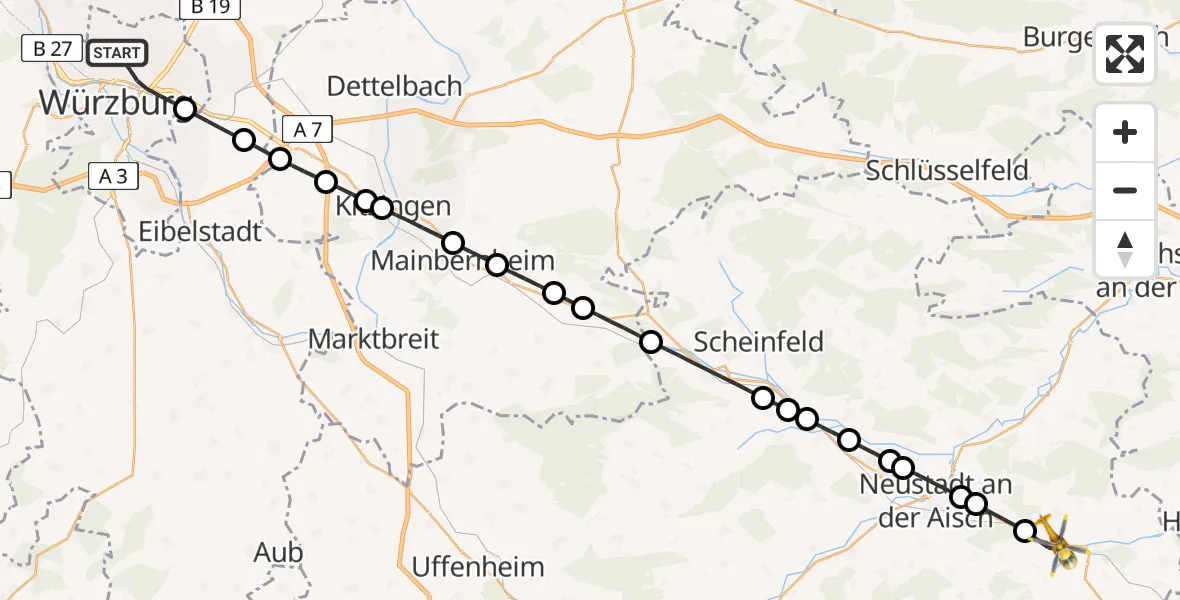 Flugroute Rettungshubschrauber Würzburg - Emskirchen, 14 August 2026, 11:03