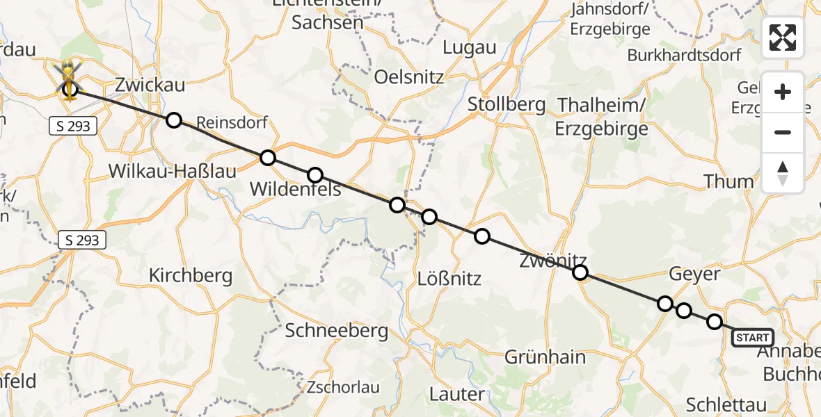 Flugroute Rettungshubschrauber Schlettau - ADAC Air Rescue Station Zwickau Hubschrauberlandeplatz, 14 August 2026, 11:05