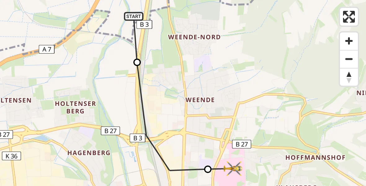 Flugroute Rettungshubschrauber Bovenden - Göttingen University Clinic Hubschrauberlandeplatz, 14 August 2026, 11:07