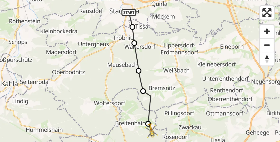 Flugroute Rettungshubschrauber Stadtroda - Neustadt an der Orla, 14 August 2026, 11:10