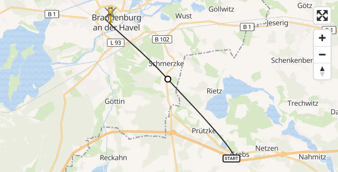 Flugroute Rettungshubschrauber Kloster Lehnin - Brandenburg an der Havel, 14 August 2026, 11:11