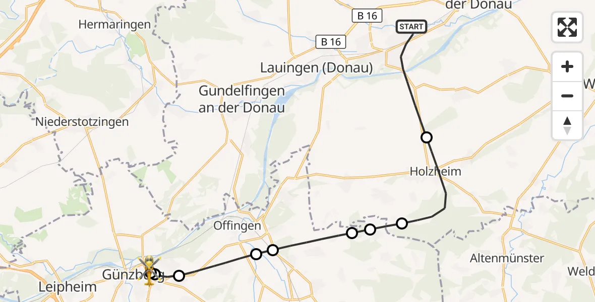 Flugroute Rettungshubschrauber Dillingen a.d.Donau - Günzburg Hospital, 14 August 2026, 11:18