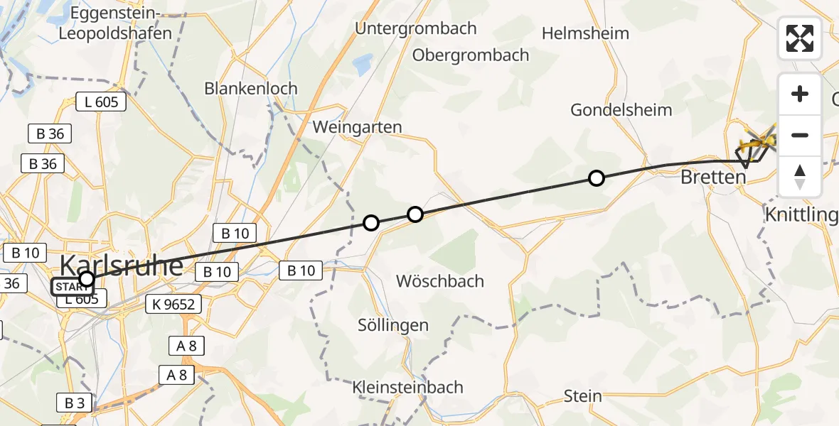 Flugroute Ambulanzhubschrauber Sankt Vincentius Hospital - Bretten, 14 August 2026, 11:19