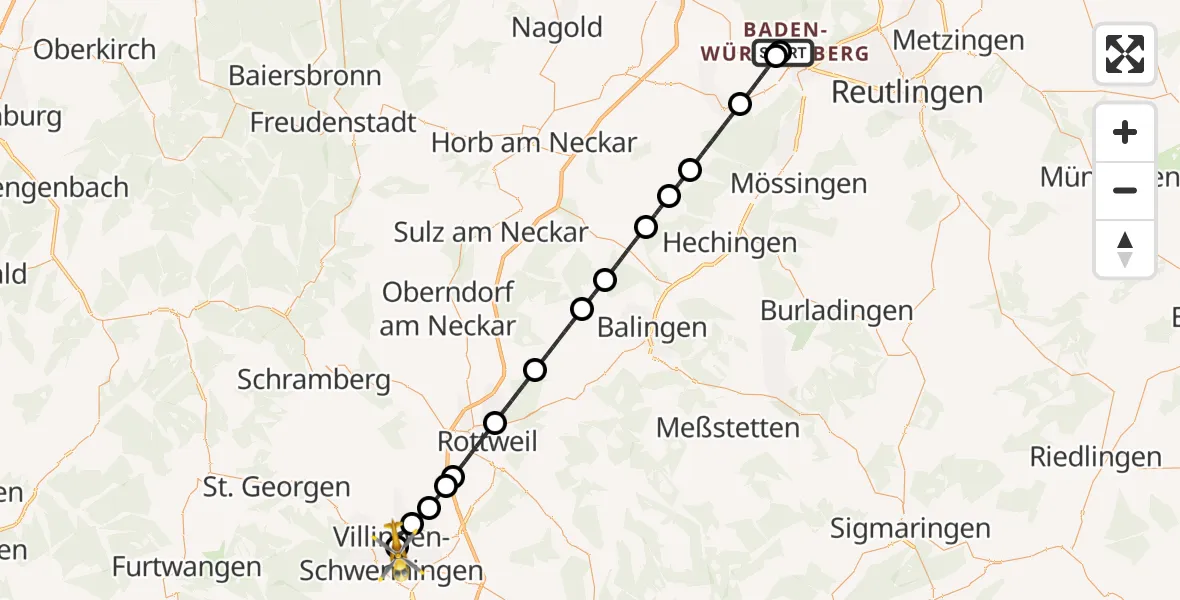 Flugroute Ambulanzhubschrauber Tübingen University Hospital - DRF Air Rescue Station Villingen-Schwenningen Hubschrauberlandeplatz (Christoph 11), 14 August 2026, 11:20