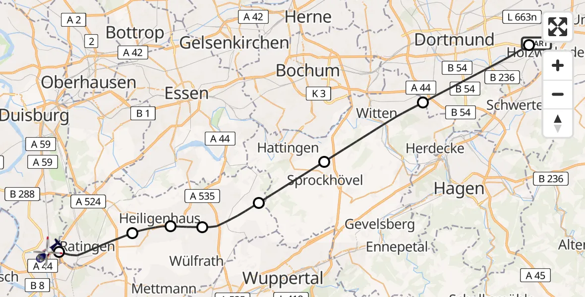 Flugroute Polizeihubschrauber Dortmund Flughafen - Düsseldorf Flughafen, 14 August 2026, 11:22