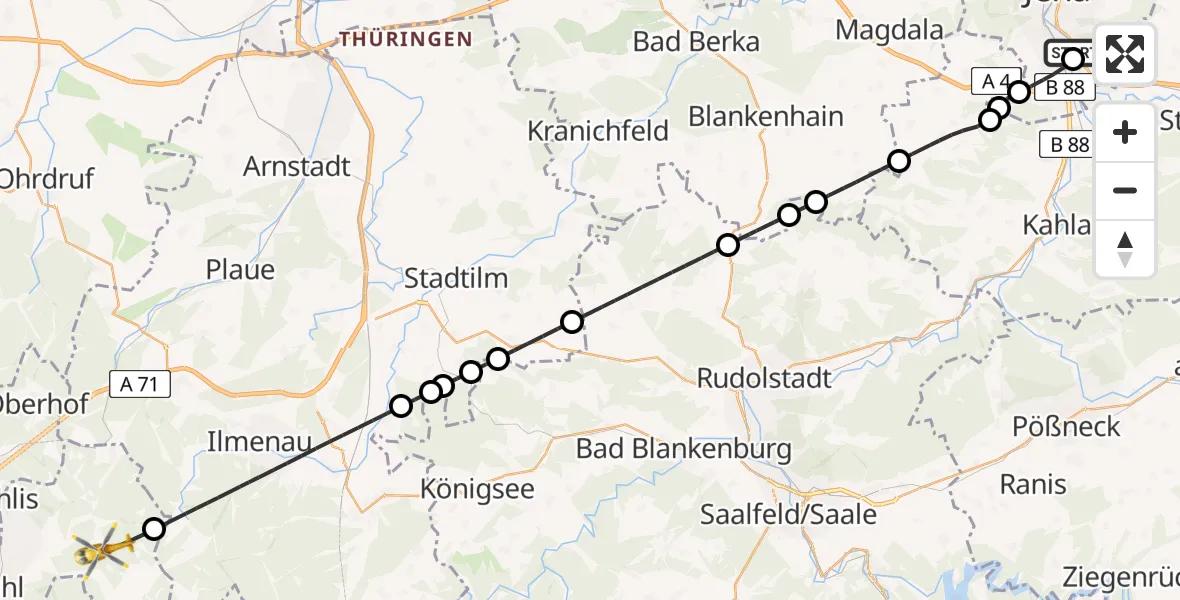 Flugroute Rettungshubschrauber Lobeda Hubschrauberlandeplatz - Suhl, 14 August 2026, 11:29