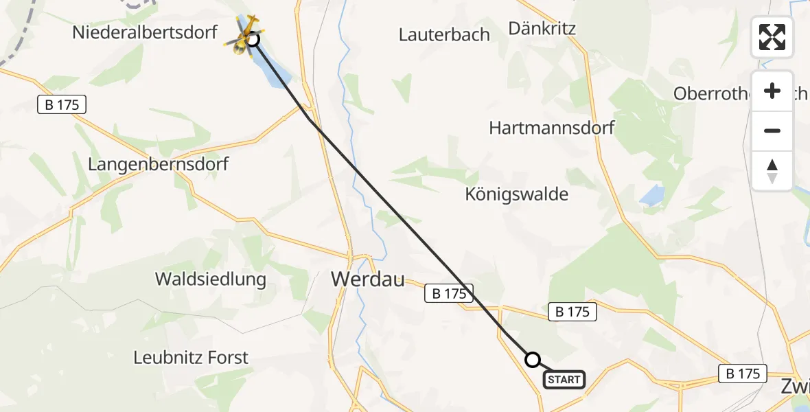 Flugroute Rettungshubschrauber ADAC Air Rescue Station Zwickau Hubschrauberlandeplatz - Langenbernsdorf, 14 August 2026, 11:35
