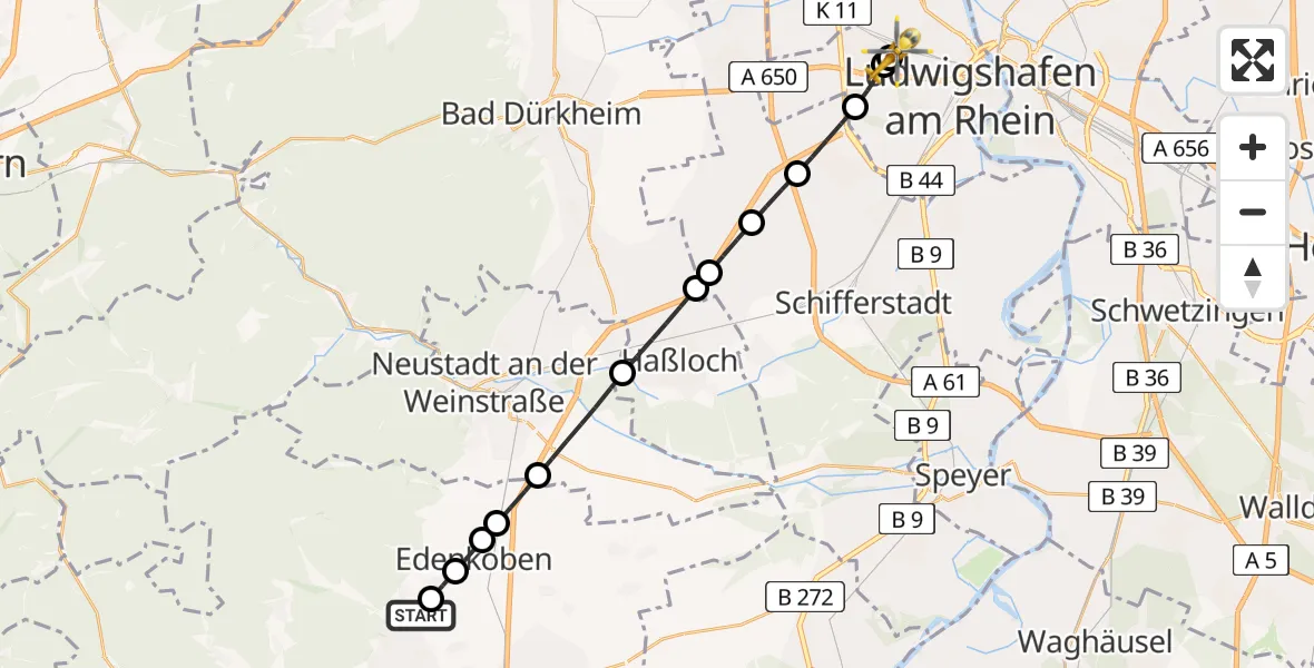 Flugroute Rettungshubschrauber Hainfeld - Ludwigshafen Accident Hospital, 14 August 2026, 11:37