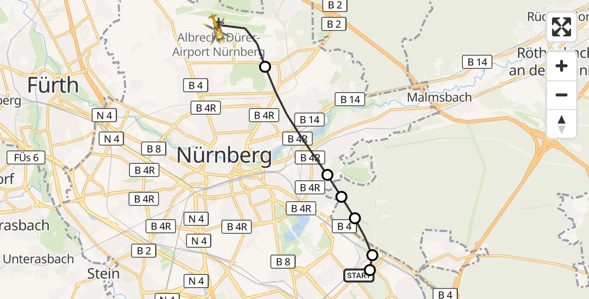 Flugroute Rettungshubschrauber Nürnberg South Hospital - Flughafen Nuremberg, 14 August 2026, 11:39