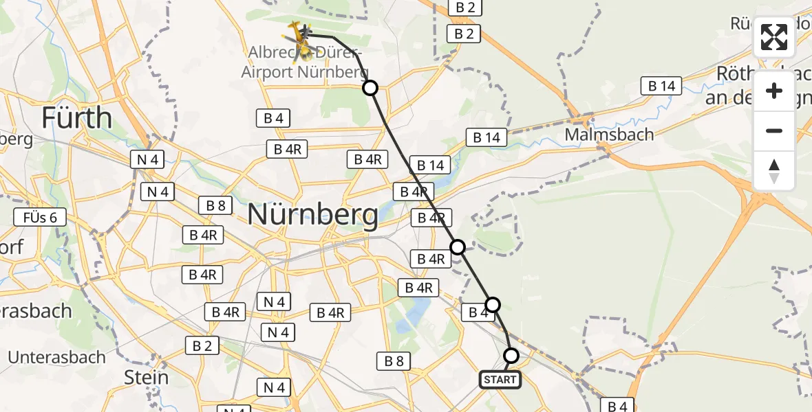 Flugroute Ambulanzhubschrauber Nürnberg South Hospital - Flughafen Nuremberg, 14 August 2026, 11:40