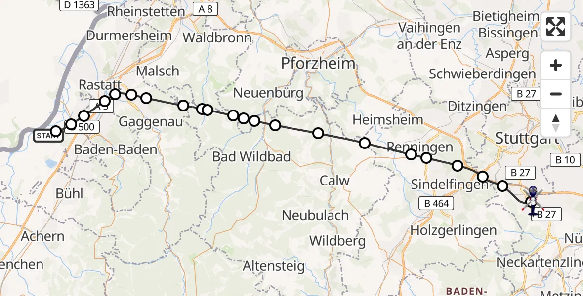 Flugroute Polizeihubschrauber Karlsruhe Baden-Baden Flughafen - Flughafen Stuttgart, 14 August 2026, 11:43